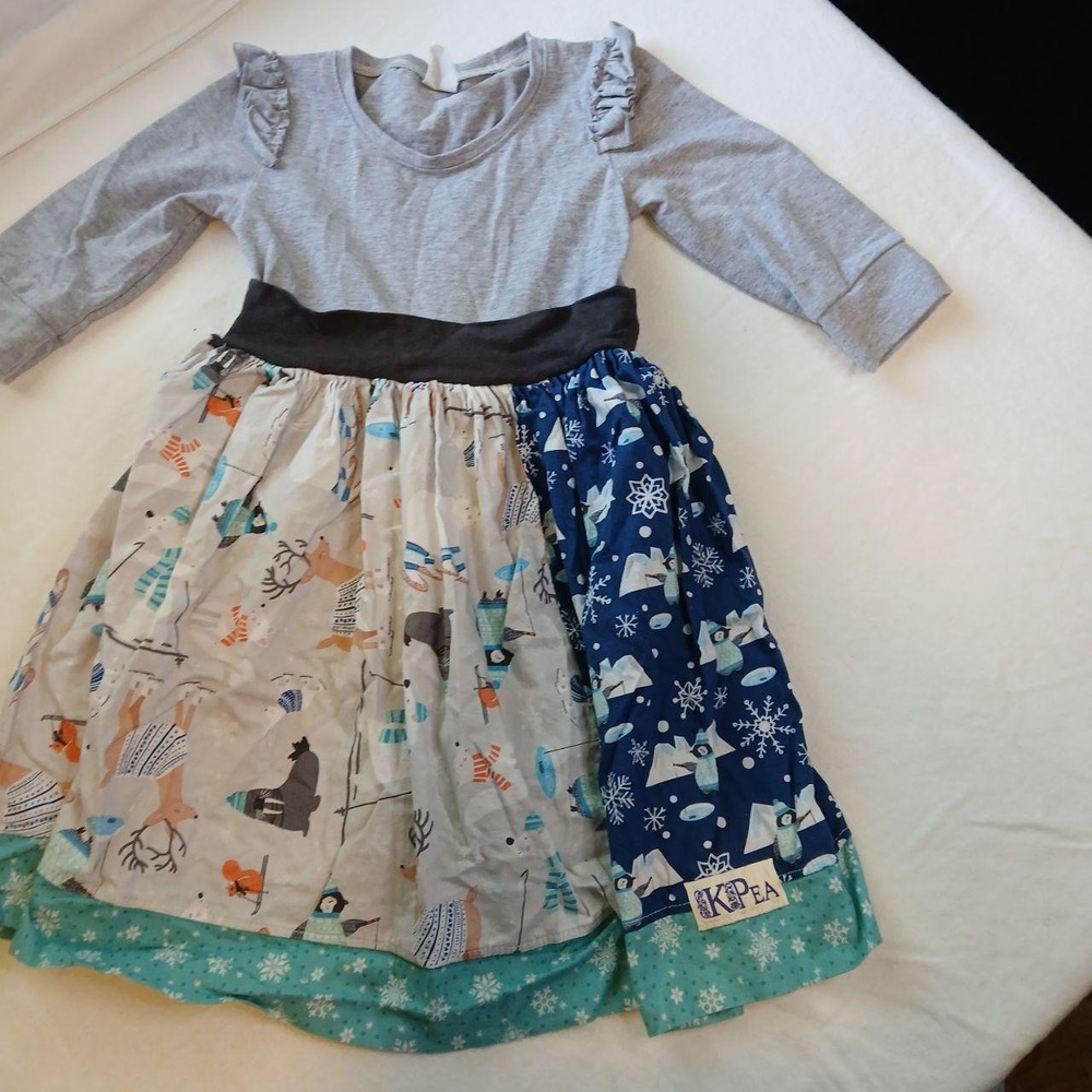 KPea Boutique Winter Wonderland Penguin Walrus Dress Grey Navy Teal Girls 4